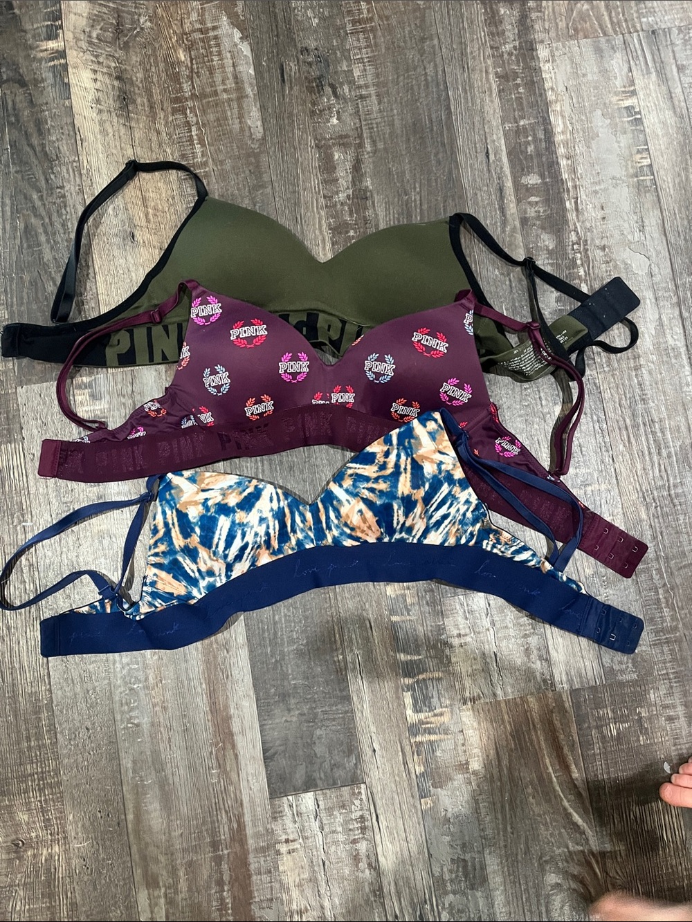 PINK Victoria's Secret Olive Green, Burgundy Print & Blue Tie-Dye Bralette Set